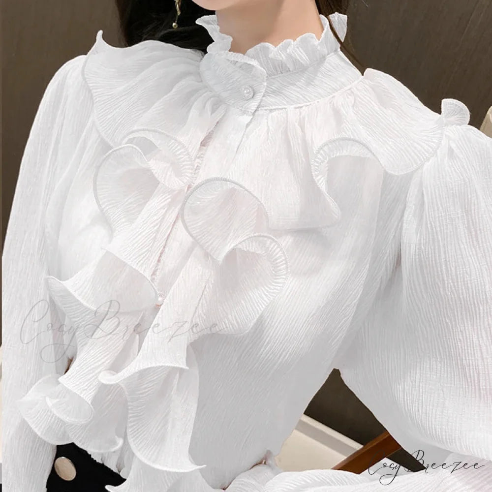 Autumn Ruffled Lace Chiffon Stand Collar Crop Top blouse-250126