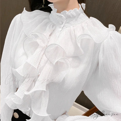 Autumn Ruffled Lace Chiffon Stand Collar Crop Top blouse-250126