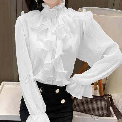 Autumn Ruffled Lace Chiffon Stand Collar Crop Top WHITE / S blouse-250126