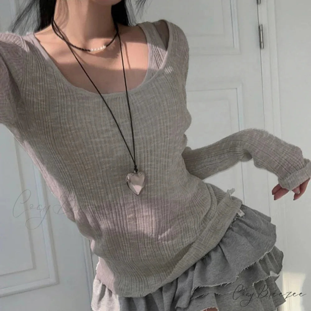 Autumn Simple Retro Long Sleeve Knit Top GRAY / One Size knittop-250126