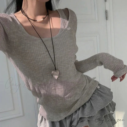 Autumn Simple Retro Long Sleeve Knit Top GRAY / One Size knittop-250126