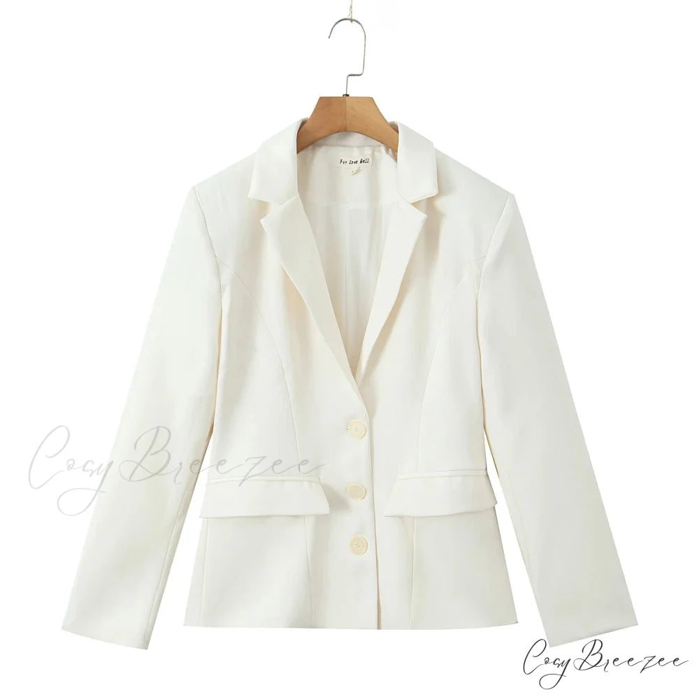 Autumn Single-Breasted Buttons Slim Waist Retro Shoulder Full Sleeve Blazer creamy-white / S