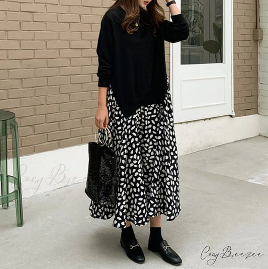 Autumn Size Gown Two Fake Gown Design Patchwork Piece T-Shirt Long Robe Arm Plus Women XL-5XL D08108R Black A / XL