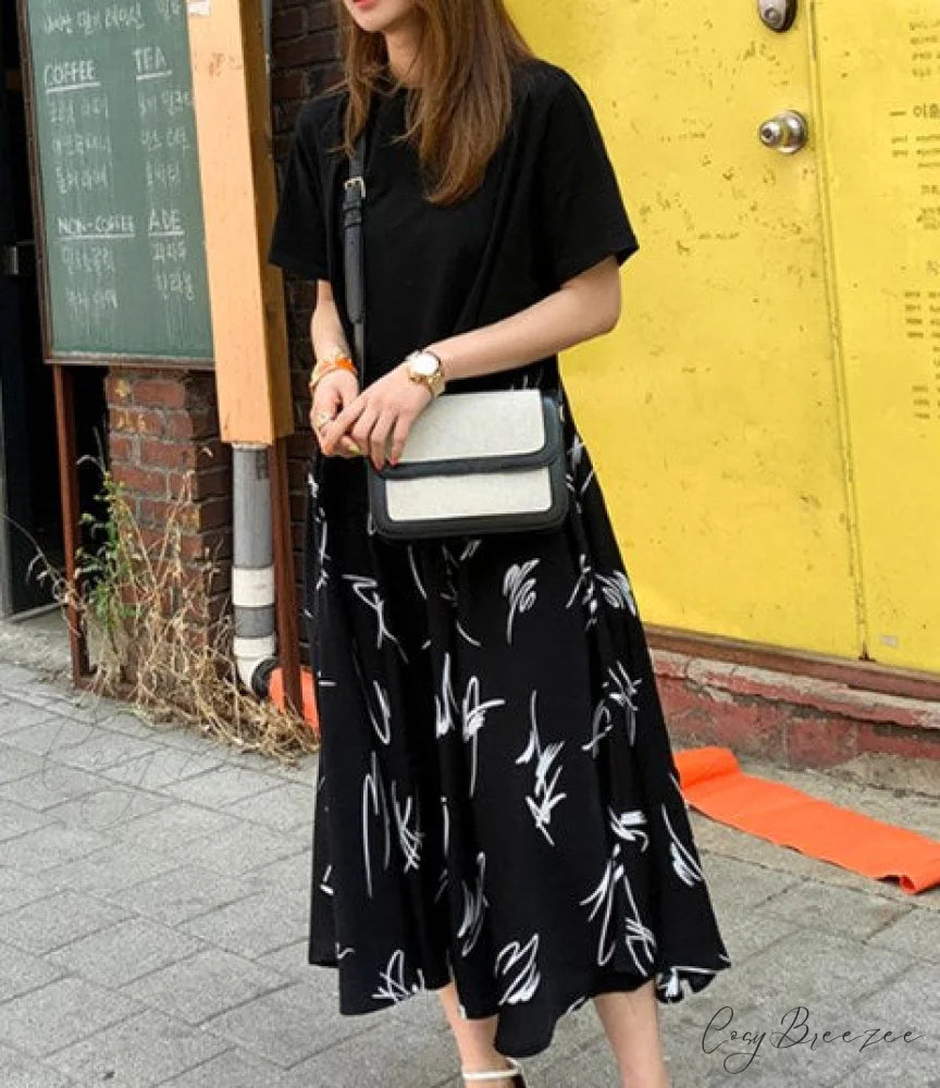 Autumn Size Gown Two Fake Gown Design Patchwork Piece T-Shirt Long Robe Arm Plus Women XL-5XL D08108R Black C / XL