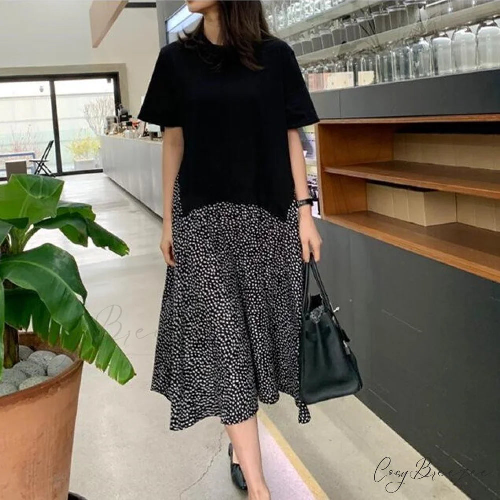 Autumn Size Gown Two Fake Gown Design Patchwork Piece T-Shirt Long Robe Arm Plus Women XL-5XL D08108R Black D / XL