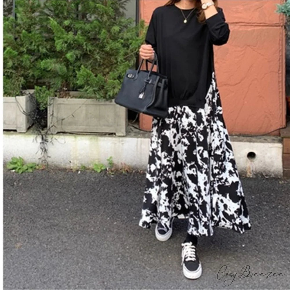 Autumn Size Gown Two Fake Gown Design Patchwork Piece T-Shirt Long Robe Arm Plus Women XL-5XL D08108R Black E / XL