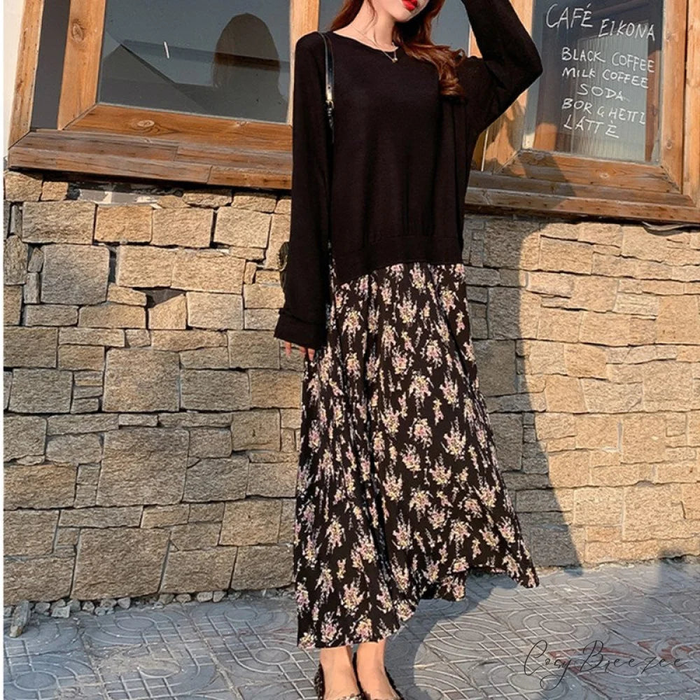 Autumn Size Gown Two Fake Gown Design Patchwork Piece T-Shirt Long Robe Arm Plus Women XL-5XL D08108R Black Floral B