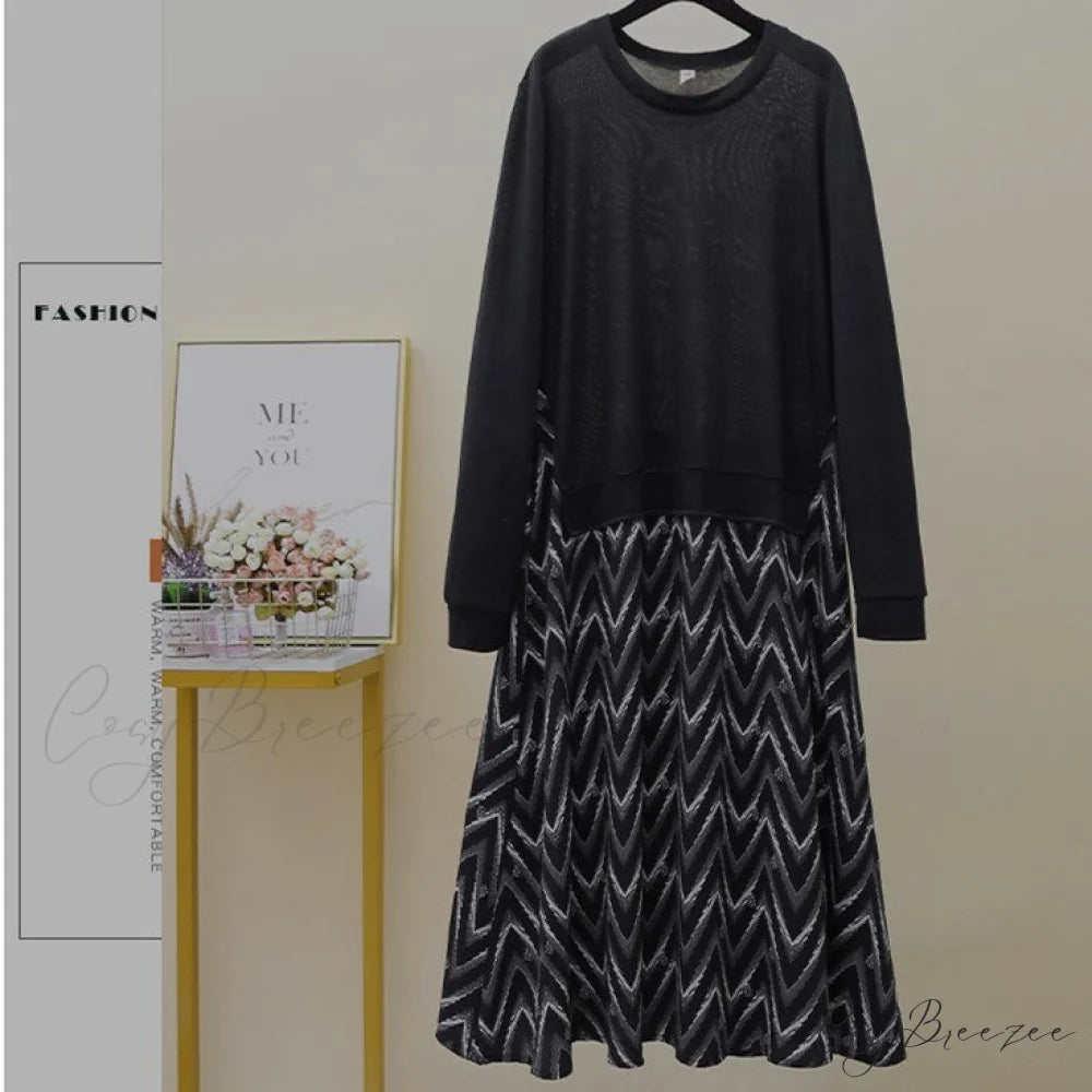 Autumn Size Gown Two Fake Gown Design Patchwork Piece T-Shirt Long Robe Arm Plus Women XL-5XL D08108R Black Wave B / XL