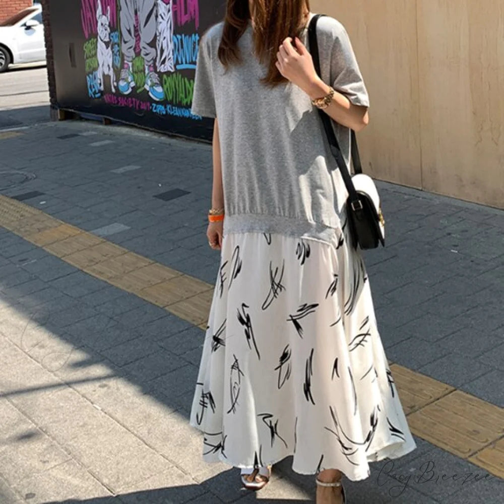 Autumn Size Gown Two Fake Gown Design Patchwork Piece T-Shirt Long Robe Arm Plus Women XL-5XL D08108R Grey C / XL