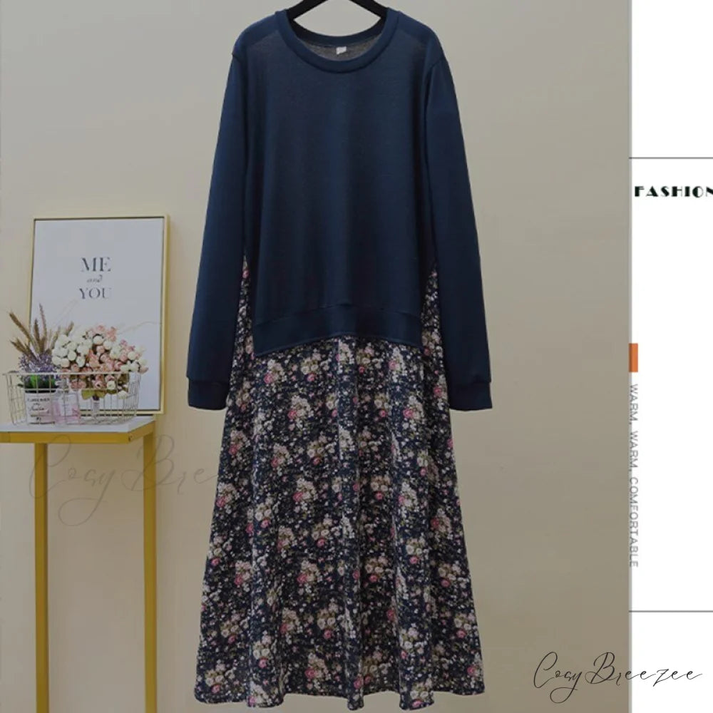 Autumn Size Gown Two Fake Gown Design Patchwork Piece T-Shirt Long Robe Arm Plus Women XL-5XL D08108R Navy Floral B