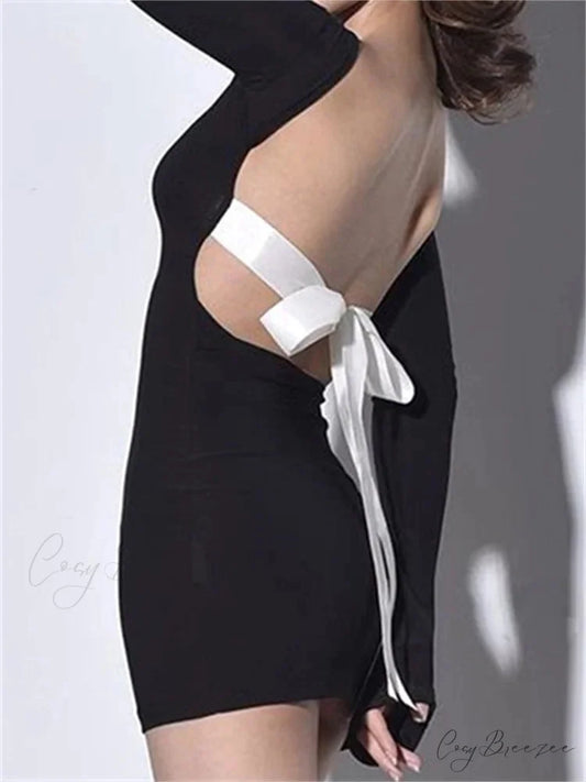 Autumn Slim Fit Backless Black Long Mini Dress Black / S