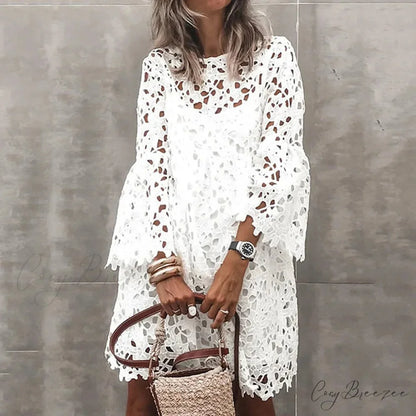 Autumn Solid Color Lace Hollow Floral Casual Dress White / S oldfloraldress-250126