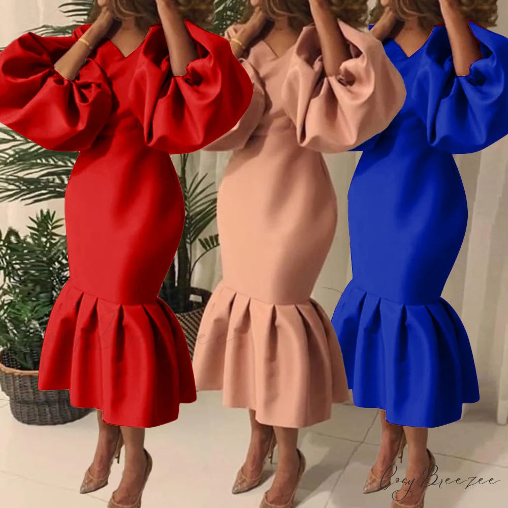 Autumn Spring Occasion Female V Neck Event BerryBetty Gown African Puff Sexy Bodycon Women Fashion Robes Sleeves Party
