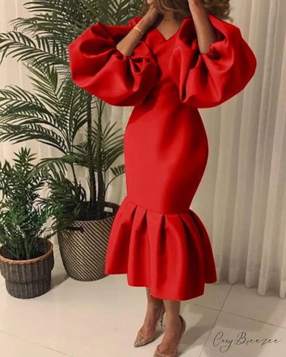 Autumn Spring Occasion Female V Neck Event BerryBetty Gown African Puff Sexy Bodycon Women Fashion Robes Sleeves Party