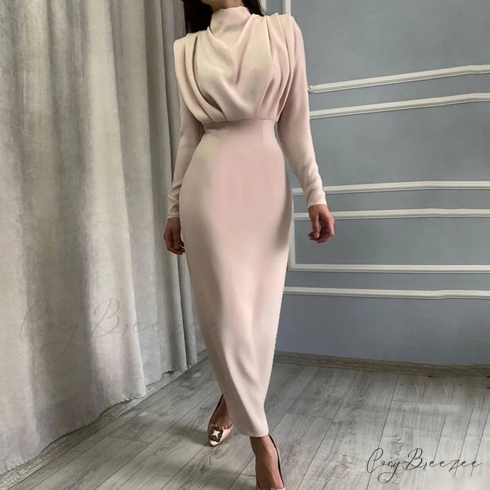 Autumn Stand Slim Party Waist Blue Arm Long Women’s Neckline InstaHot Ankle Solid Elegant Length Dress Apricot / S
