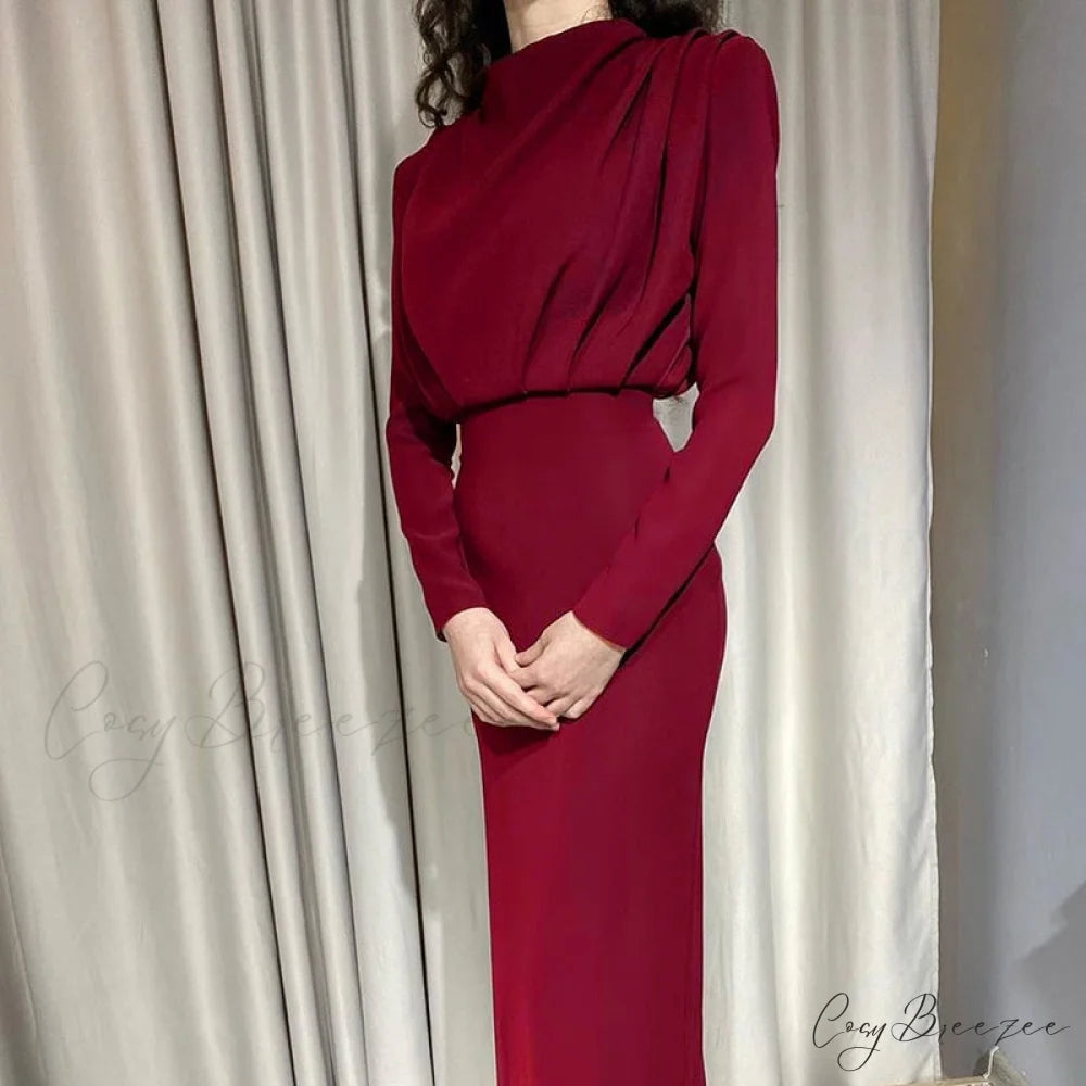 Autumn Stand Slim Party Waist Blue Arm Long Women’s Neckline InstaHot Ankle Solid Elegant Length Dress Red / S