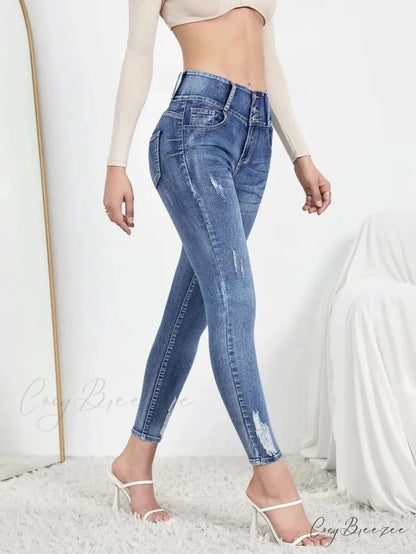 Autumn Stretch Ripped Fashion Casual Skinny Slim Denim Pencil Jean Blue / S