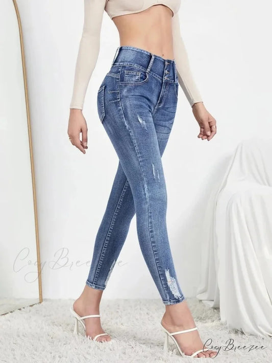 Autumn Stretch Ripped Fashion Casual Skinny Slim Denim Pencil Jean Blue / S