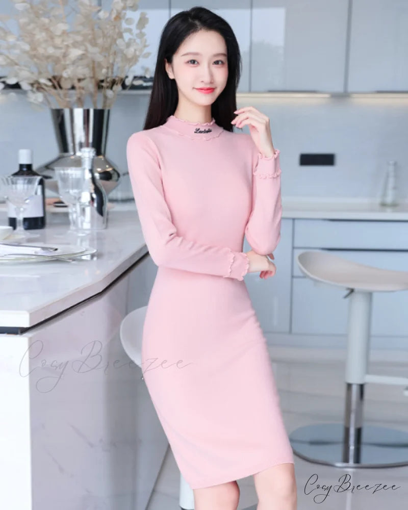 Autumn Sweater Dress with Long Sleeves M / RED
