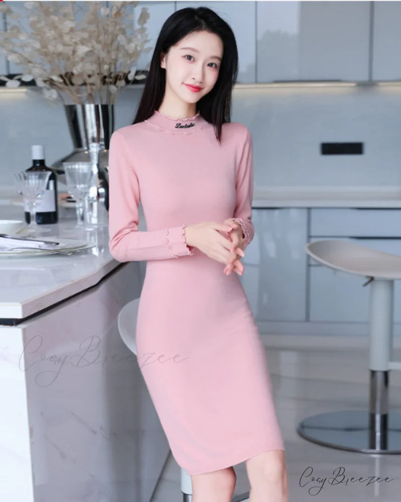 Autumn Sweater Dress with Long Sleeves M / YELLOW