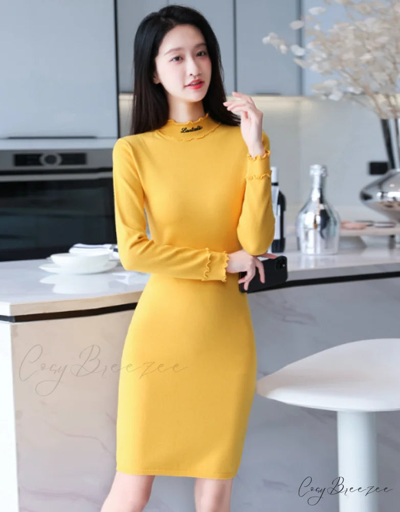 Autumn Sweater Dress with Long Sleeves S / YELLOW