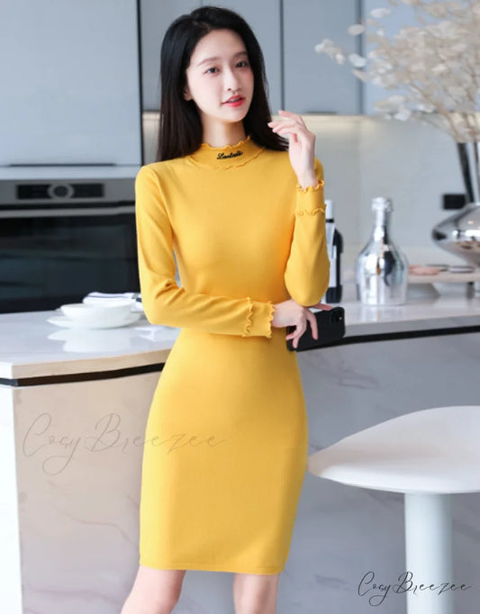 Autumn Sweater Dress with Long Sleeves S / YELLOW