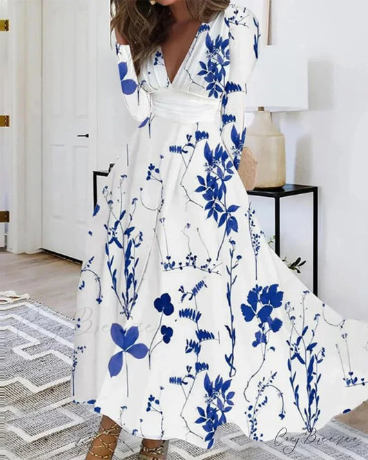 Autumn V-neck Flower Print Maxi Dress Blue / S oldfloraldress-250126