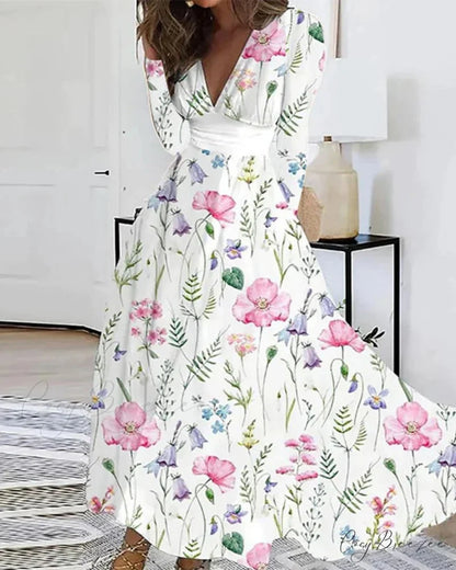 Autumn V-neck Flower Print Maxi Dress Pink / S oldfloraldress-250126