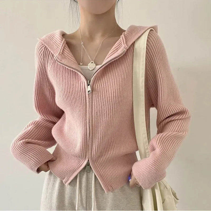 Autumn Winter Long Sleeve Short Loose Solid Knitted Zipper Cardigan