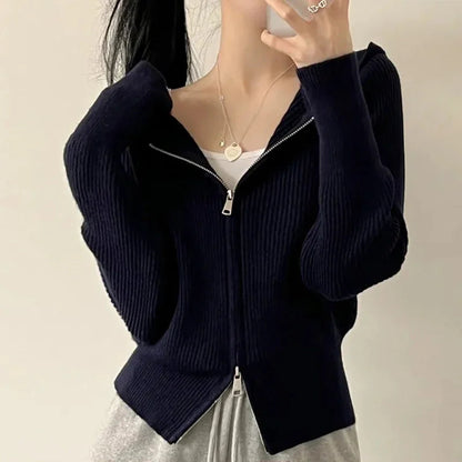 Autumn Winter Long Sleeve Short Loose Solid Knitted Zipper Cardigan