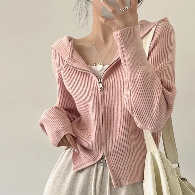 Autumn Winter Long Sleeve Short Loose Solid Knitted Zipper Cardigan