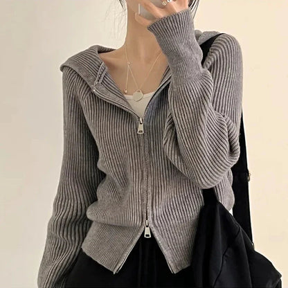 Autumn Winter Long Sleeve Short Loose Solid Knitted Zipper Cardigan