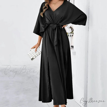Autumn Winter Elegant Velvet Maxi Long Sleeve Pleated High Waist Female Casual Slim Fit Long Dress Black / S