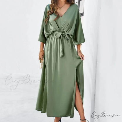 Autumn Winter Elegant Velvet Maxi Long Sleeve Pleated High Waist Female Casual Slim Fit Long Dress Green / S