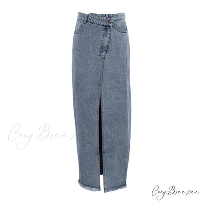 Autumn Winter Fashion High Waist Split Vintage Long Denim Wrapped Skirt Blue / S