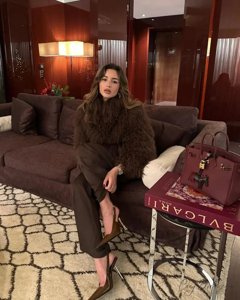 Autumn Winter Fluffy Full Sleeve Coat Brown / S coats-241228