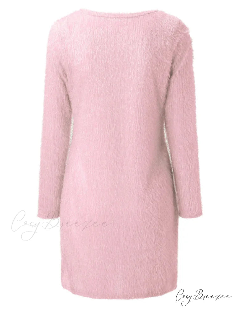 Autumn Winter Knit Dress with Turtleneck and Long Sleeves L / PINK