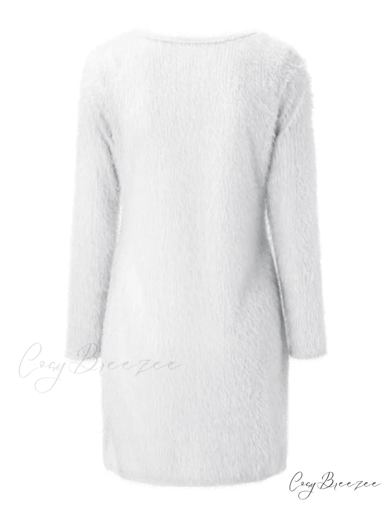 Autumn Winter Knit Dress with Turtleneck and Long Sleeves L / WHITE