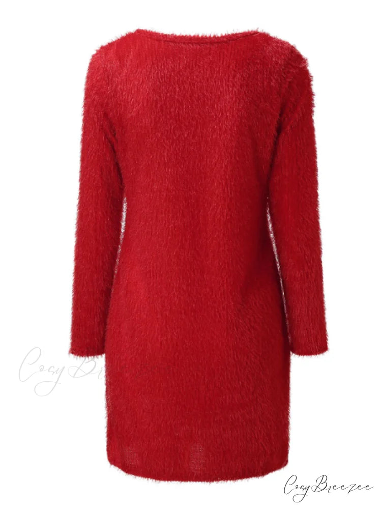 Autumn Winter Knit Dress with Turtleneck and Long Sleeves M / RED