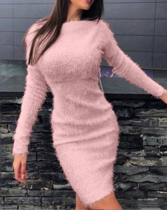 Autumn Winter Knit Dress with Turtleneck and Long Sleeves S / PINK