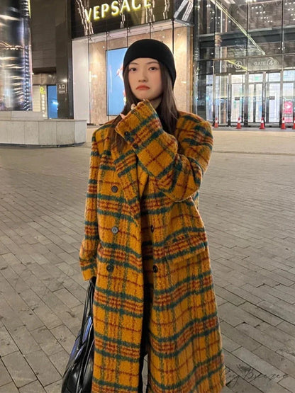 Autumn Winter Long Loose Retro Colorful Woolen Double Breasted Luxury Designer 2024 Stylish Coat BROWN / S