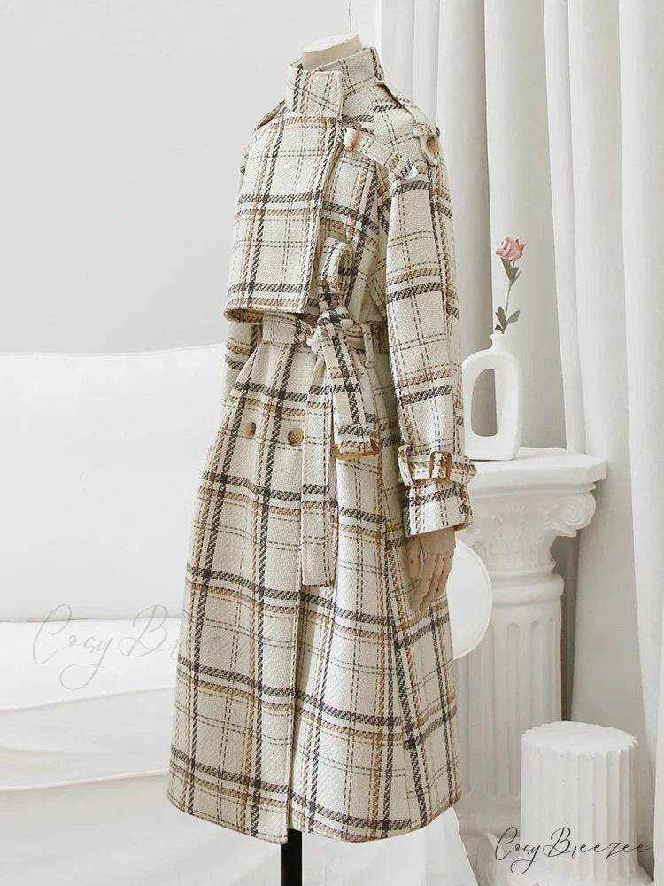 Autumn Winter Long Loose Warm Plaid Wool Blends Sleeve Belt Double Breasted Woolen Stylish Coat White / S
