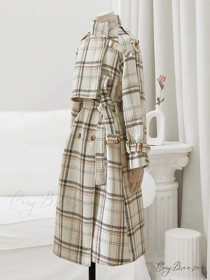 Autumn Winter Long Loose Warm Plaid Wool Blends Sleeve Belt Double Breasted Woolen Stylish Coat White / S