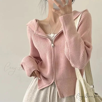 Autumn Winter Long Sleeve Short Loose Solid Knitted Zipper Cardigan