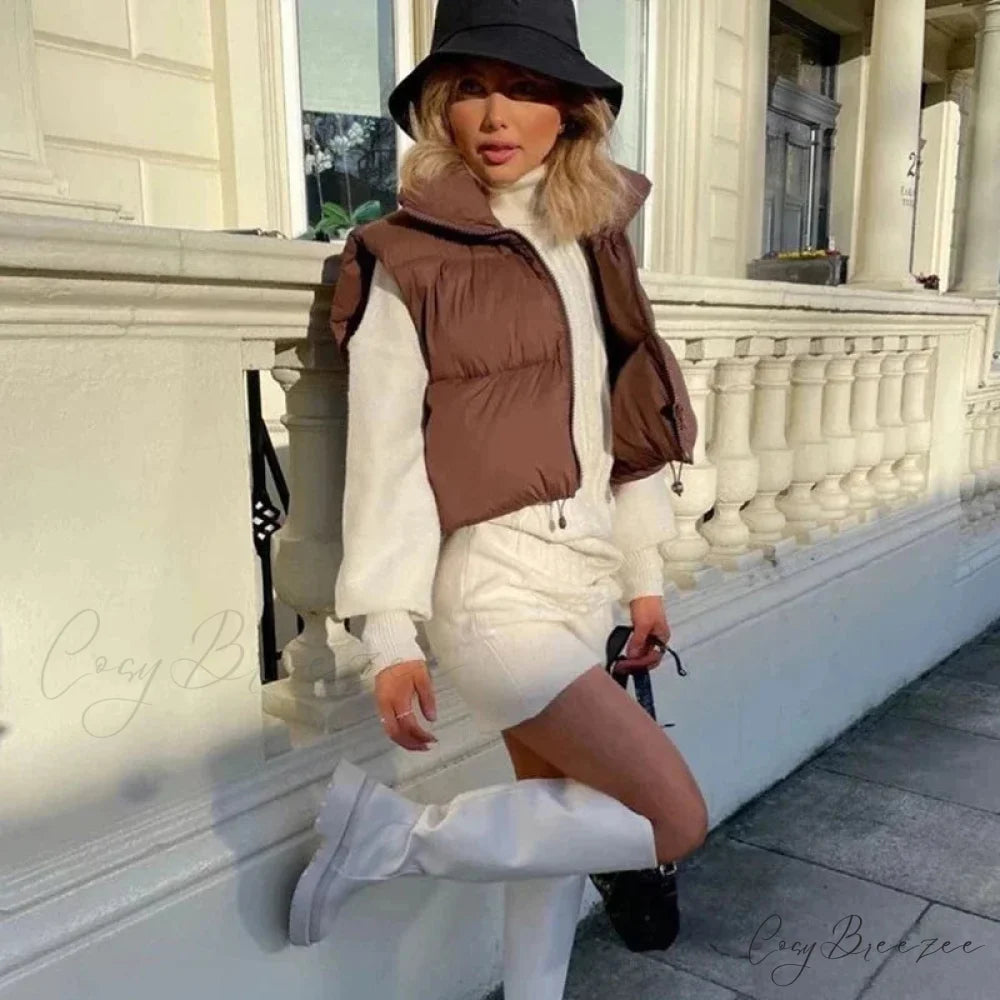 Autumn Winter Short Cotton Down Vest Stand-up Collar Warm Quilted Outdoor Travel Jacket Coat