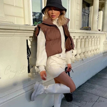 Autumn Winter Short Cotton Down Vest Stand-up Collar Warm Quilted Outdoor Travel Jacket Coat