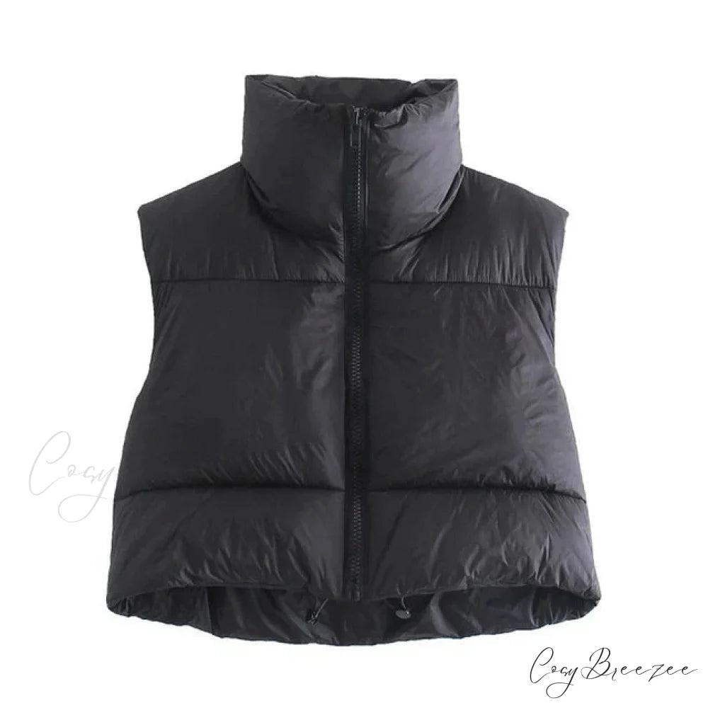 Autumn Winter Short Cotton Down Vest Stand-up Collar Warm Quilted Outdoor Travel Jacket Coat Black / S