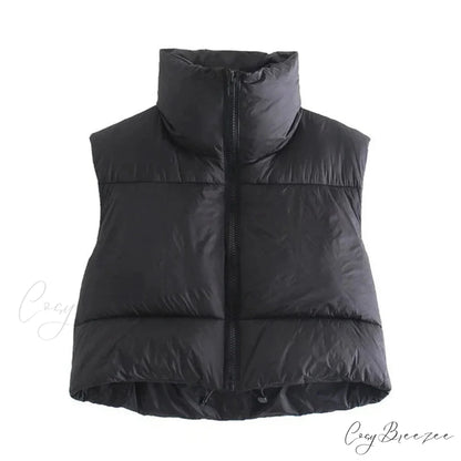 Autumn Winter Short Cotton Down Vest Stand-up Collar Warm Quilted Outdoor Travel Jacket Coat Black / S