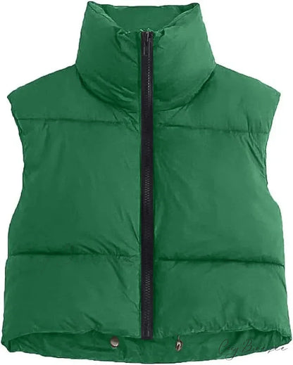 Autumn Winter Short Cotton Down Vest Stand-up Collar Warm Quilted Outdoor Travel Jacket Coat Green / S