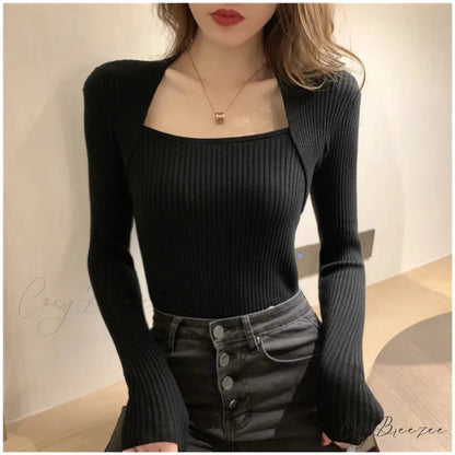 Autumn Winter Square Shawl Neckline Pullover Sexy Knit Top Black / S knittop-250126